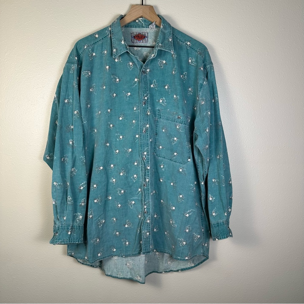 VINTAGE HYSTERIA Size XL Men's Teal Western Cowboy Grandpa Button-Up Shirt